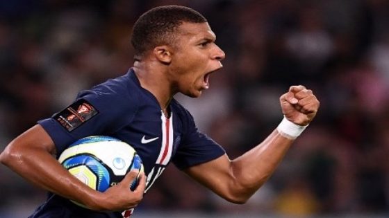 Paris Saint-Germain's French forward Kylian Mbappe celebrates scoring during the French Trophy of Champions football match between Paris Saint-Germain (PSG) and Rennes (SRFC) at the Shenzhen Universiade stadium in Shenzhen on August 3, 2019. (Photo by FRANCK FIFE / AFP)